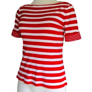 Lauren Ralph Lauren Womens Top Size M Red Striped Shirt Short Rolled Sleeve